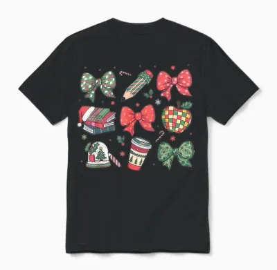 Coquette Bow Teacher Christmas Elementary School Xmas Winter Unisex T-Shirt - Black