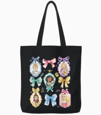 Disney Princess and Bows Watercolor Portraits Collage Tote Bags - Black