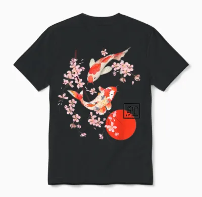 Cherry Blossom Koi Carp Fish Japanese Sakura Art Graphic Unisex T-Shirt - Black