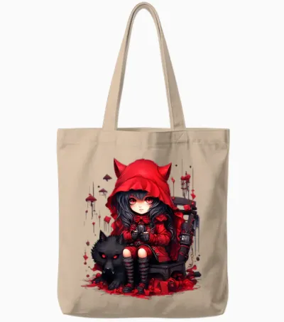 Chibi Little Red Riding Hood and Bad Wolf | Anime Kawaii Style T-Shirt, Black Tote Bags - Natural