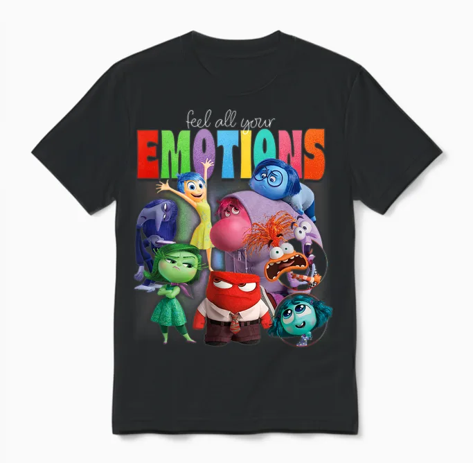 Disney Pixar Inside Out 2 Feel All Your Emotions Vintage T-Shirt, Black Unisex T-Shirt in Black