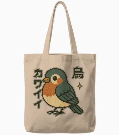 Kawaii Bird Japanese Tote Bags - Natural