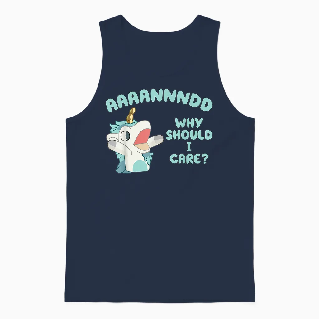 Unicorn Aaaannndd Why Should I Care Unisex Tank Top in Navy