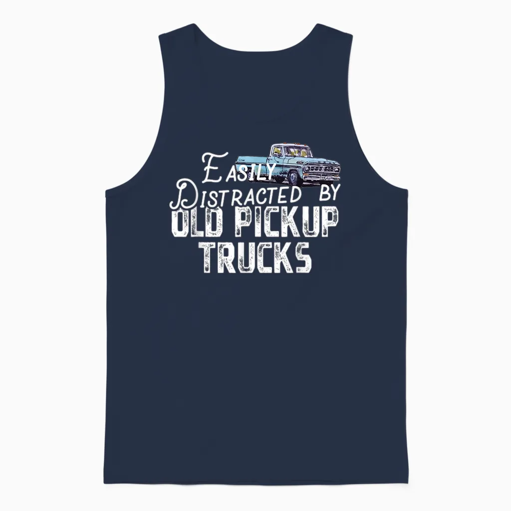 Easily Distracted by Old Pickup Trucks - Cute Trucker Unisex Tank Top in Navy