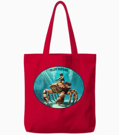 Vintage Helmet Diver Riding a Giant Crab Urm Tote Bags - Red