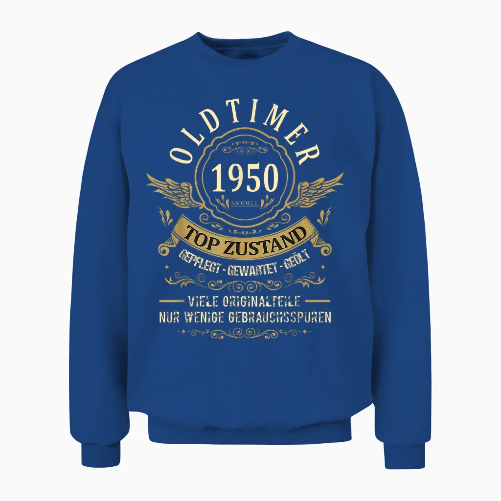 Birthday Year 1950 Birthday Construction Year Oldtimer Top Condition T-Shirt, Black Unisex Sweatshirt in Royal