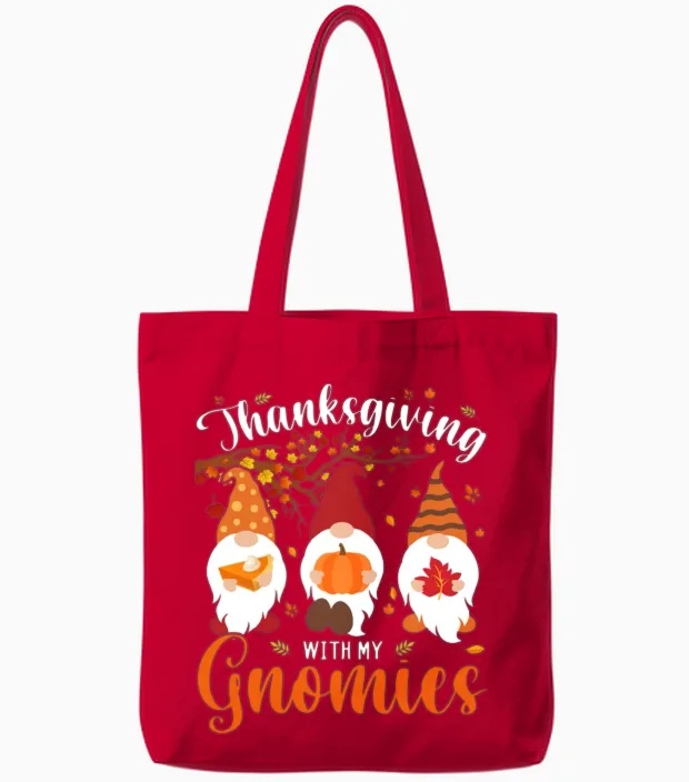 Thanksgiving with My Gnomies Funny Autumn Gnomes Tote Bags in Red