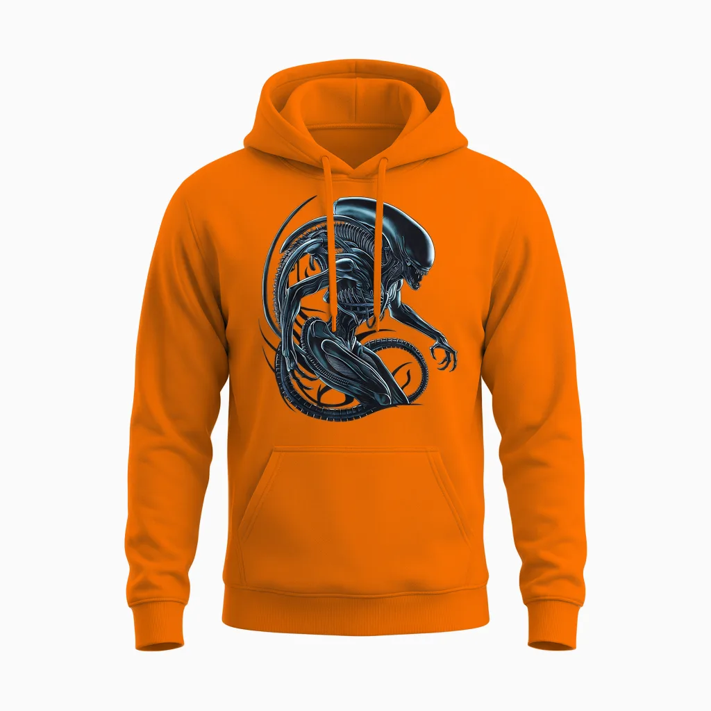 Illustriertes Poster Mit Alien-Xenomorph Unisex Hoodie in Safety Orange