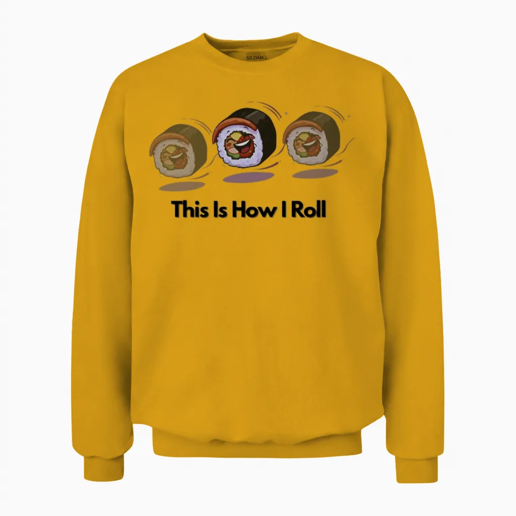 Kawaii Sushi Roll Trio Unisex Sweatshirt in Gold