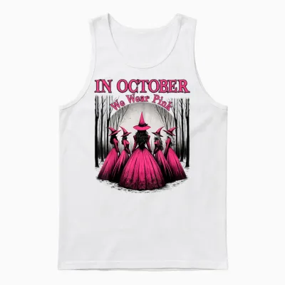 Retro in October We Wear Pink Witch Breast Cancer Awareness Unisex Tank Top - White