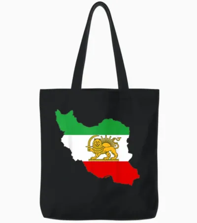 Iran Map with Lion and Sun Emblem, Persian Tote Bags - Black