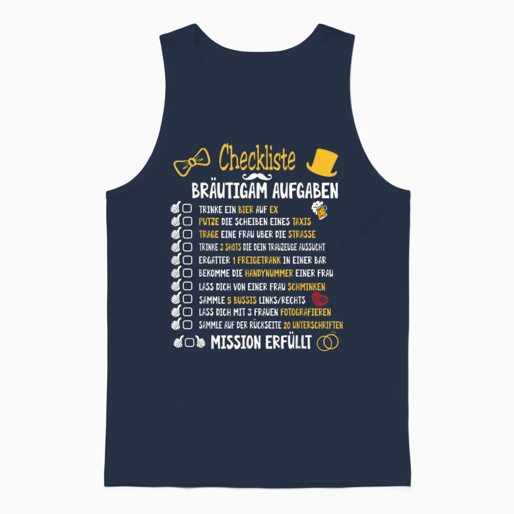 Junggesellenabschied Mann Kostüm & Polter Shirts Groom Tasks Rumbling Jga Checklist T-Shirt Black Small Crew Neck Short Sleeve Classic Fit T-Shirt for Men Unisex Tank Top in Navy