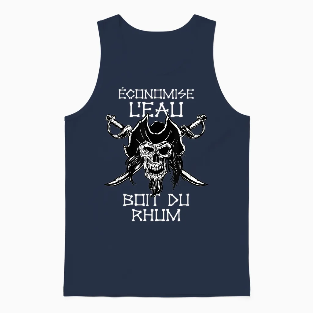 Drink Rum - Saves Water, Drink Rum. Pirate T-Shirt, Black Unisex Tank Top in Navy