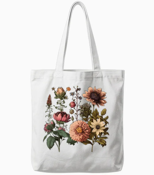 Vintage Inspired Flower Botanical Chart Naturalists Mens Womens T-Shirt, Black Tote Bags in White