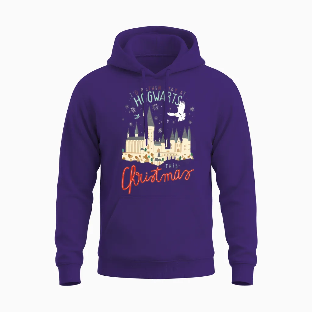 Harry Potter I'd Rather Stay at Hogwarts Christmas Unisex Hoodie in Purple