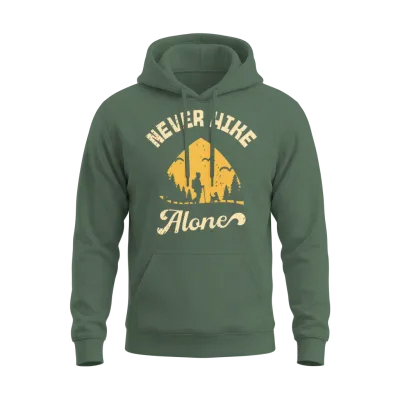 Never Hike Alone Mountain Dog Hiking Hiker Design Unisex Hoodie - Military Green