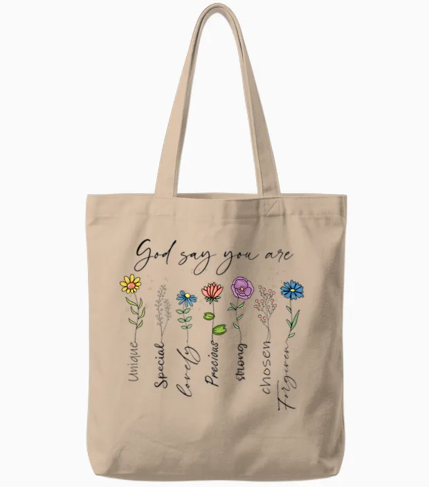 God Says You Are Floral Christian Faith Flowers Bible Verse T-Shirt, White Tote Bags in Natural
