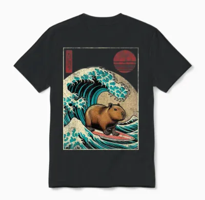 Capybara Japanese Kanagawa Wave Funny Surf Animal Capybara T-Shirt, Black Unisex T-Shirt - Black