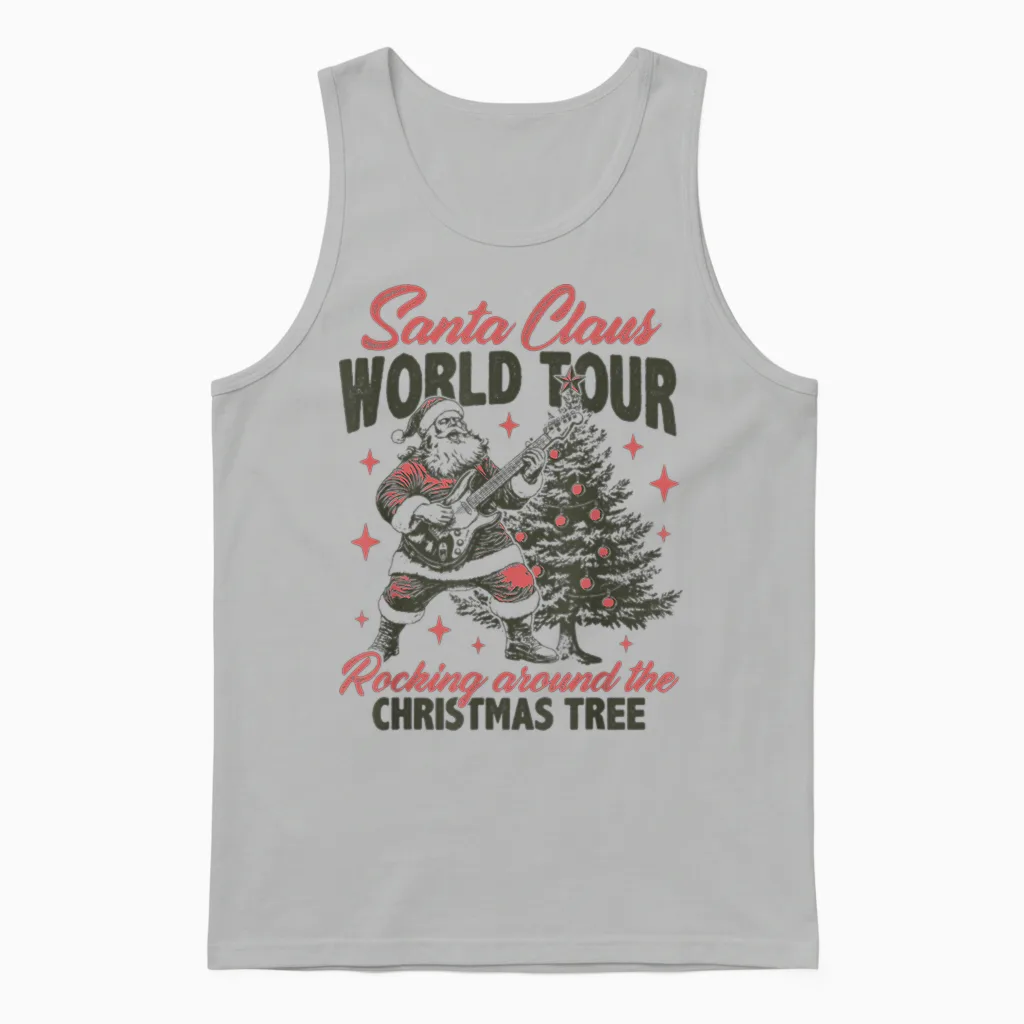 Santa Claus World Tour Rocking Around the Christmas Tree Unisex Tank Top in Ash