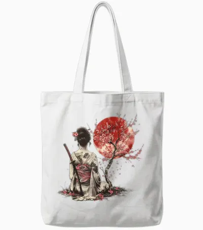 Japanese Samurai Sakura Cherry Blossom Japanese Geisha T-Shirt, Black, S Tote Bags - White