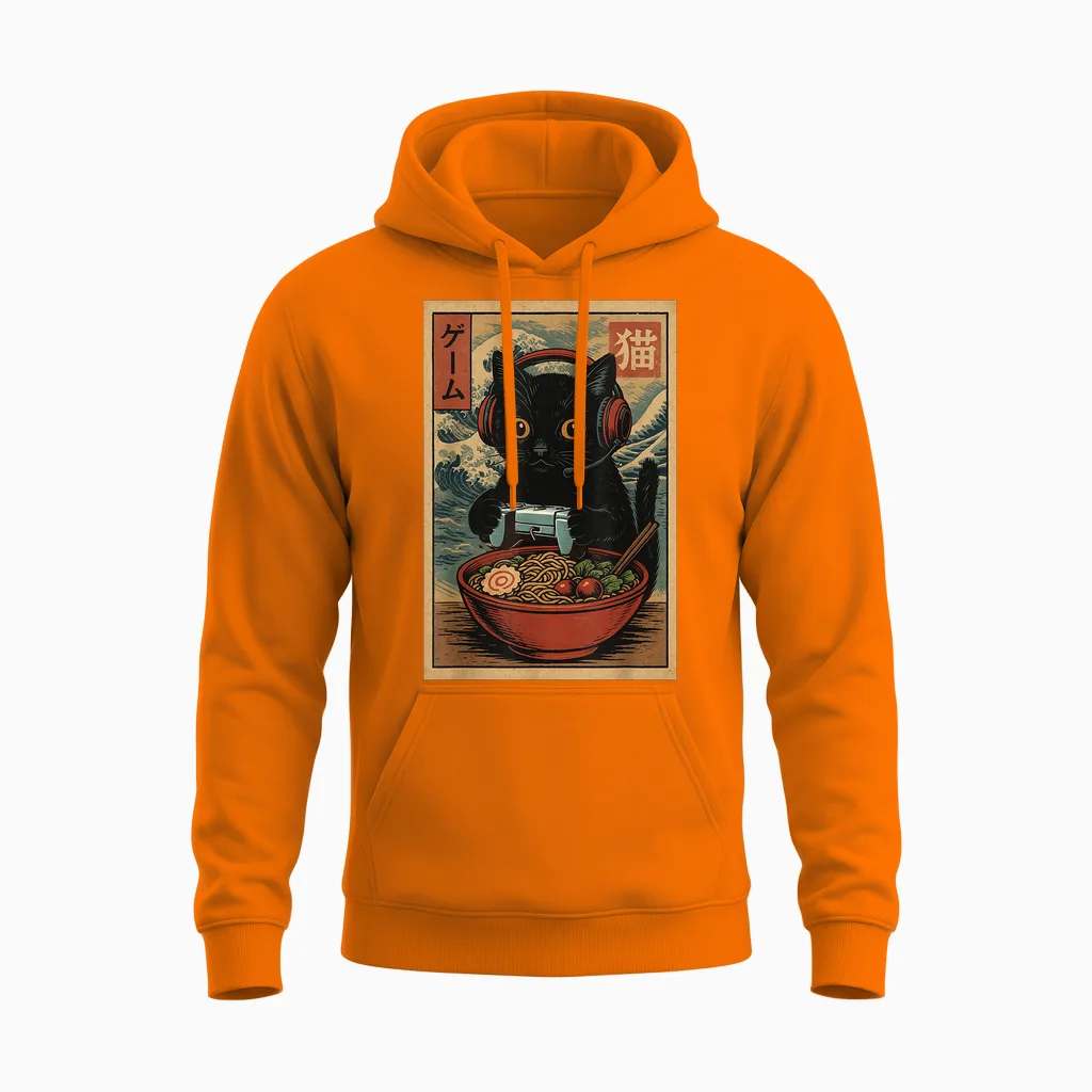 Cute Kawaii Gamer Cat Funny Ramen Retro Japanese Cat Gaming Unisex Hoodie in Safety Orange