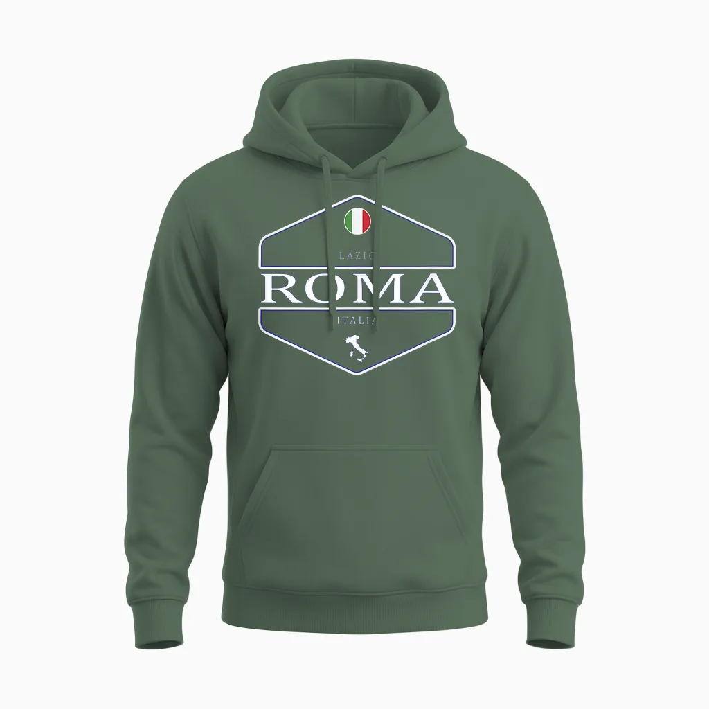 Italian Local Design Co. Damen Unisex-Erwachsene, Unisex-Kinder Schwarz Kurzarm T-Shirt Roma Lazio Italia - Rom Italien Logo Einfache Uni Retro Vintage Universität Schrift Klassisches Standard Design Unisex Hoodie in Military Green