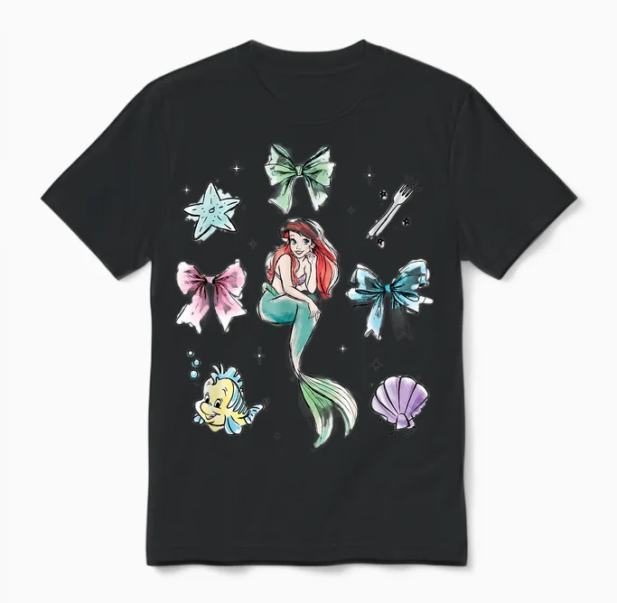 Disney the Little Mermaid Essentials Watercolor Chest Logo Unisex T-Shirt in Black
