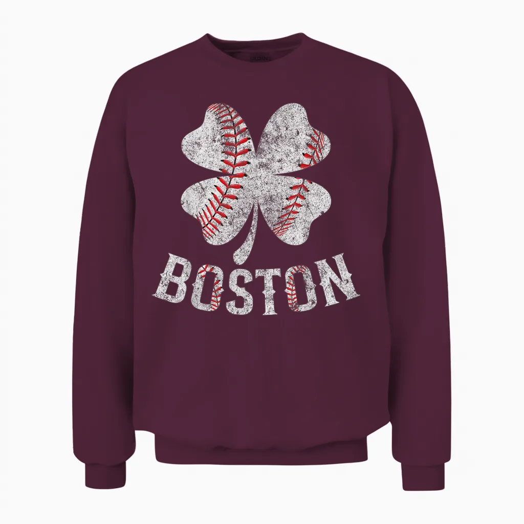 Baseball Shamrock Lucky Clover Boston St Patrick's Day Unisex Sweatshirt in Maroon