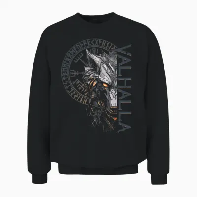 Walhalla Wolf Wolves Odins Runes Nordic Compass Viking T-Shirt, Black Unisex Sweatshirt - Black