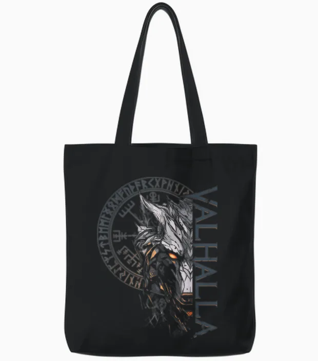 Valhalla Wolf Wolves Odins Runes Nordic Compass Viking Tote Bags in Black