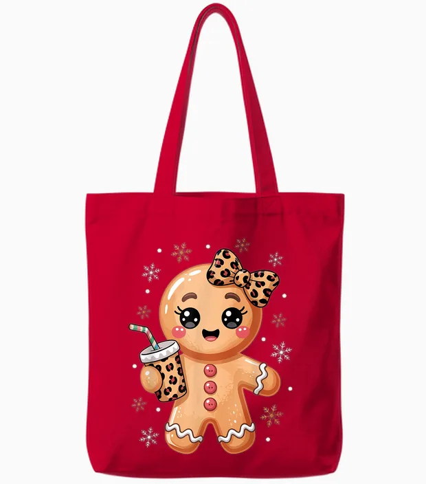 Cute Gingerbread Leopard Coquette Bow Christmas Gingerbread Tote Bags in Red