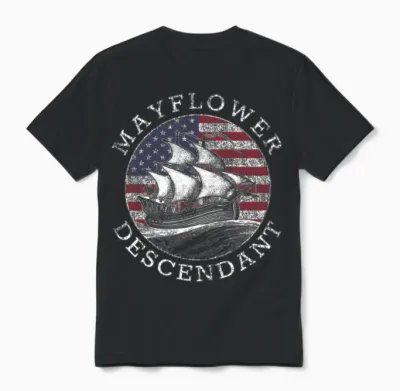 Mayflower Descendant Usa Flag Distressed Unisex T-Shirt - Black