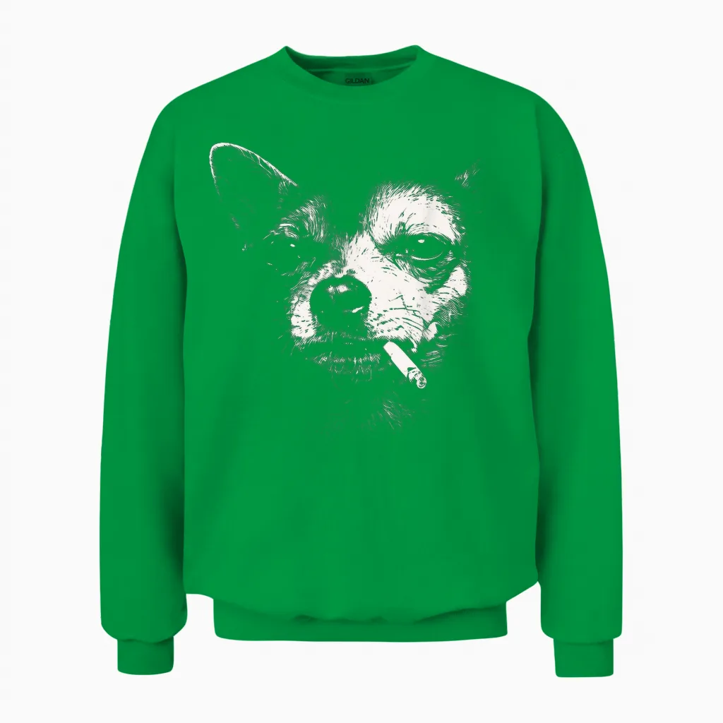 Dog Smoking Cigarette Funny Chihuahua Meme Unisex Sweatshirt in Irish Green