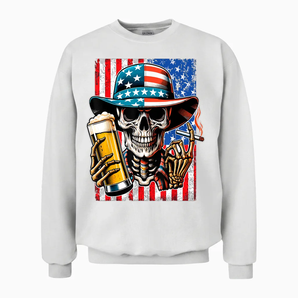 4th of July Shirt for Women Men American Flag Skull Skeleton Unisex Sweatshirt in White
