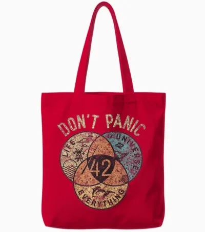 42 Answer to Life, the Universe and Everything No Panic T-Shirt, Black Tote Bags - Red