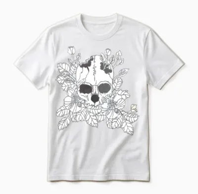 Black and White Flower Skull Unisex T-Shirt - White