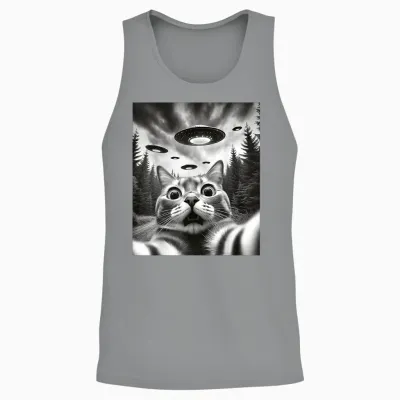 Alien Ufo Cat Selfie Funny Cat with Ufo T-Shirt, Black Unisex Tank Top - Sport Grey