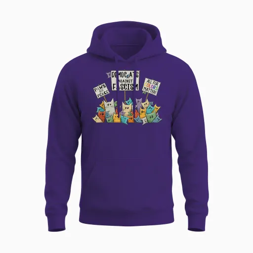 Democratic Cats Against Fascism and for Diversity T-Shirt, Black Unisex Hoodie - Purple