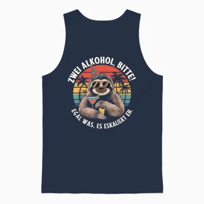 Zwei Alkohol, Bitte! Egal Was, Es Eskaliert Eh. | Lustiges Unisex Tank Top - Navy