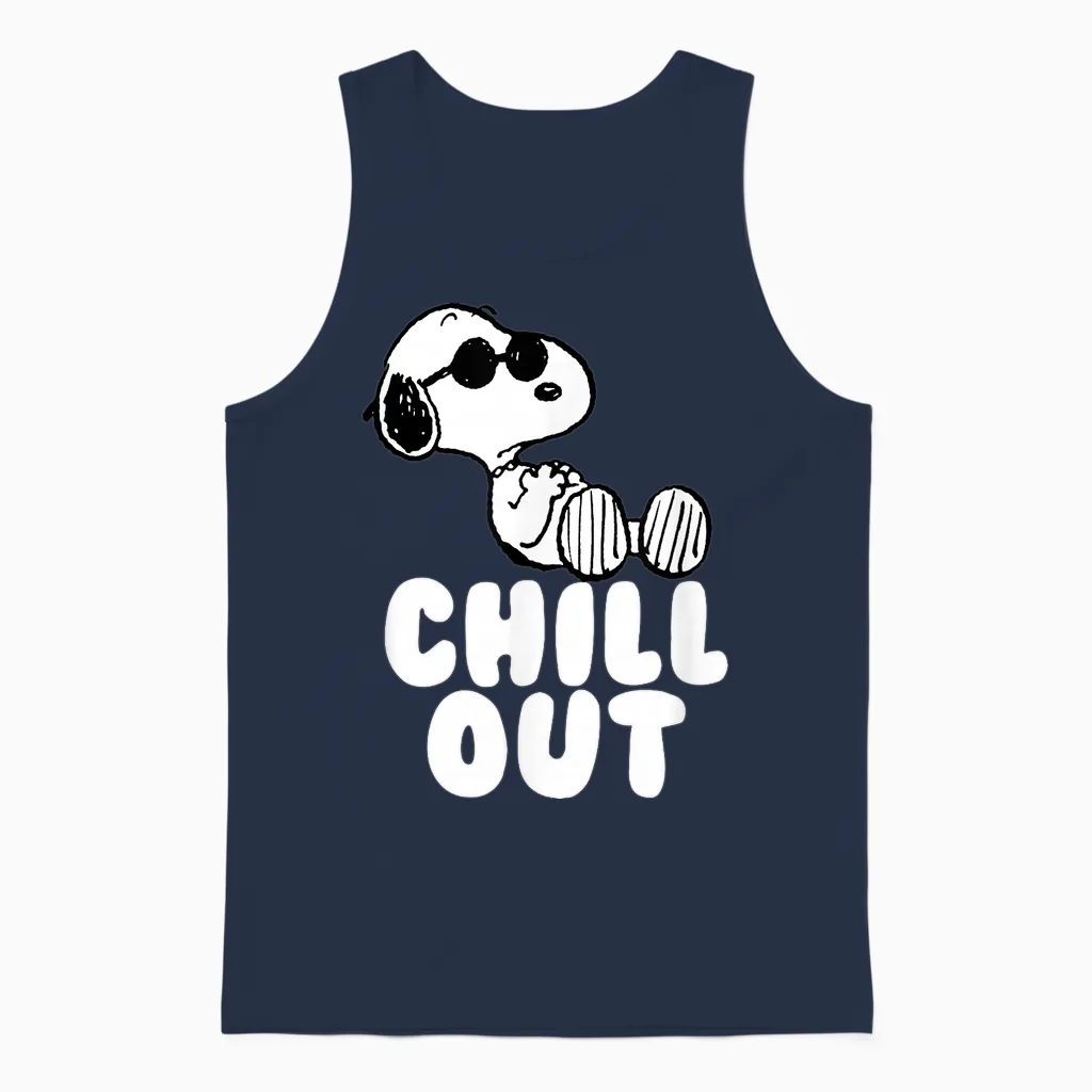 Peanuts Classic Fit Crew Neck T-Shirt - Chill Out Snoopy Graphic in Blue Unisex Tank Top in Navy