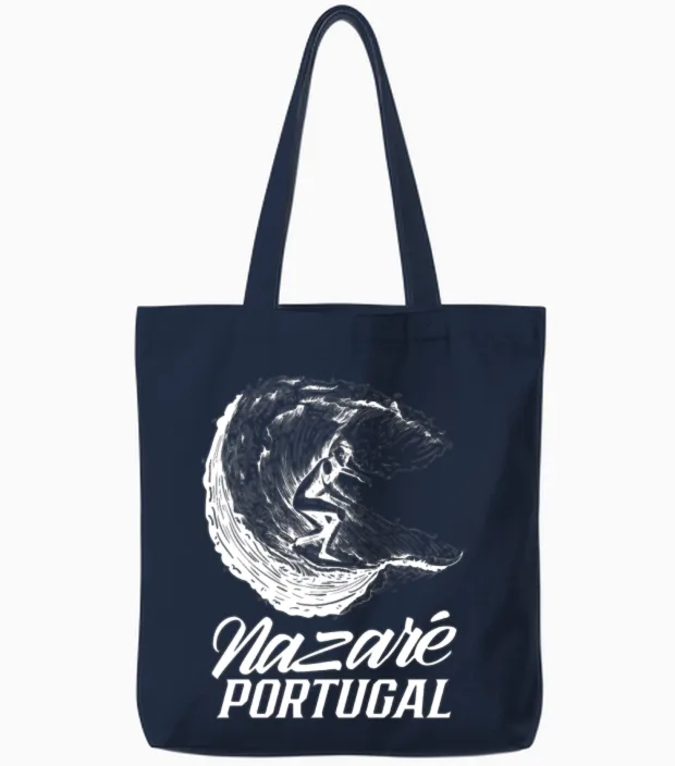 Nazaré Portugal Surfer Surf Wave Surfing Tote Bags in Navy