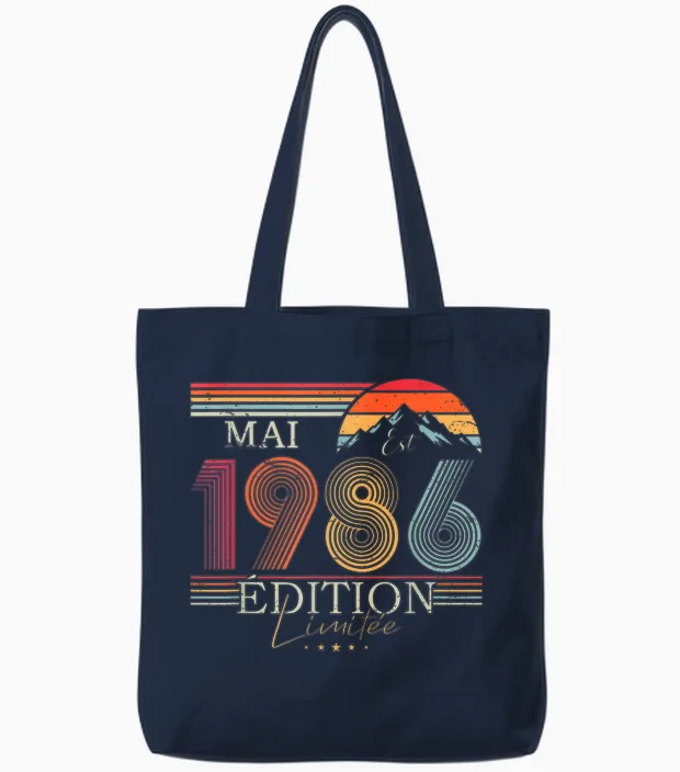 1986 Vintage May Birthday Retro Man Woman Gift Tote Bags in Navy