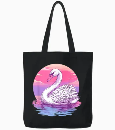 Graceful Swan Pink Sunset Reflection Art T-Shirt, Black, S Tote Bags - Black