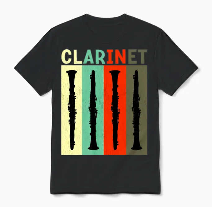 Clarinet, Retro, Music Lovers Gift Unisex T-Shirt in Black