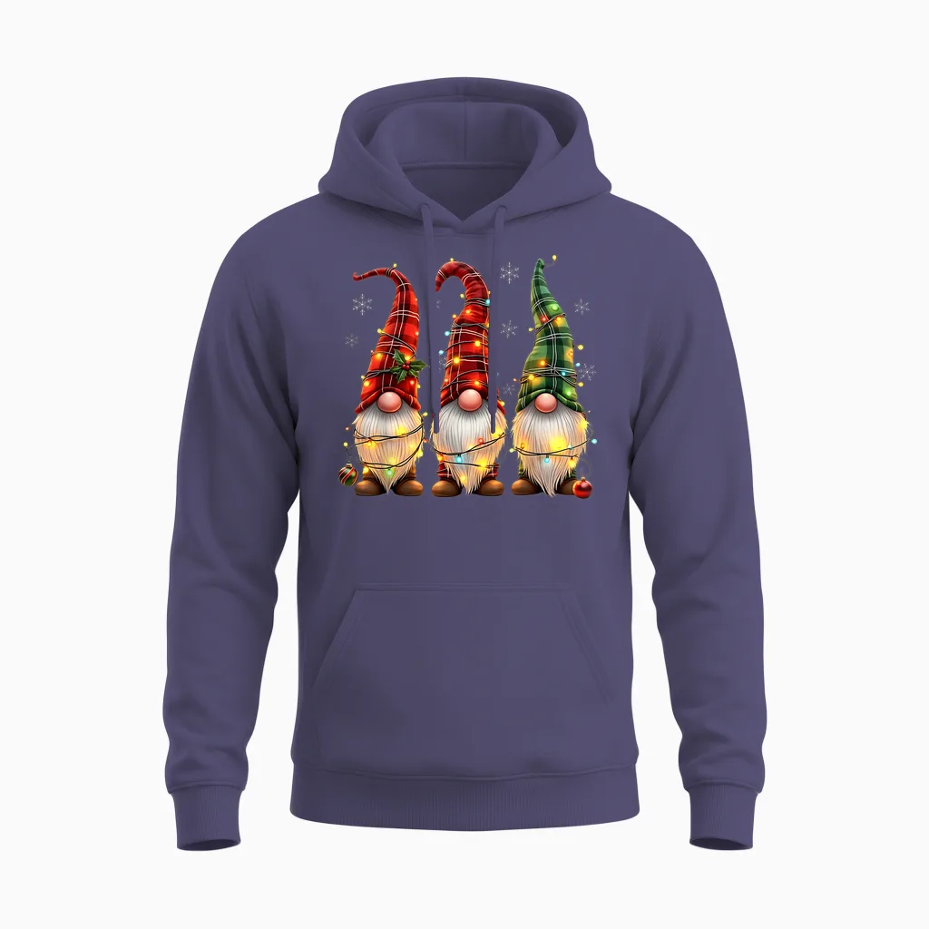 Three Gnomes Men Women Buffalo Plaid Red Christmas Unisex Hoodie in Heather Sport Dark Navy