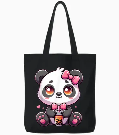 Cute Kawaii Panda Bubble Tea Kawaii Anime Kawaii Cute Panda Tote Bags - Black