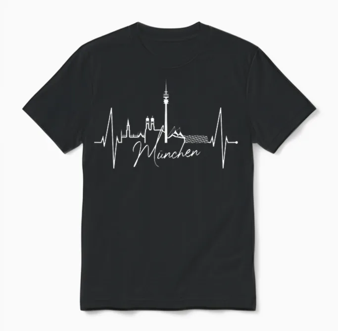 T-Shirt with German Text "münchen I Love Munich" Skyline Heartbeat, Black Unisex T-Shirt in Black