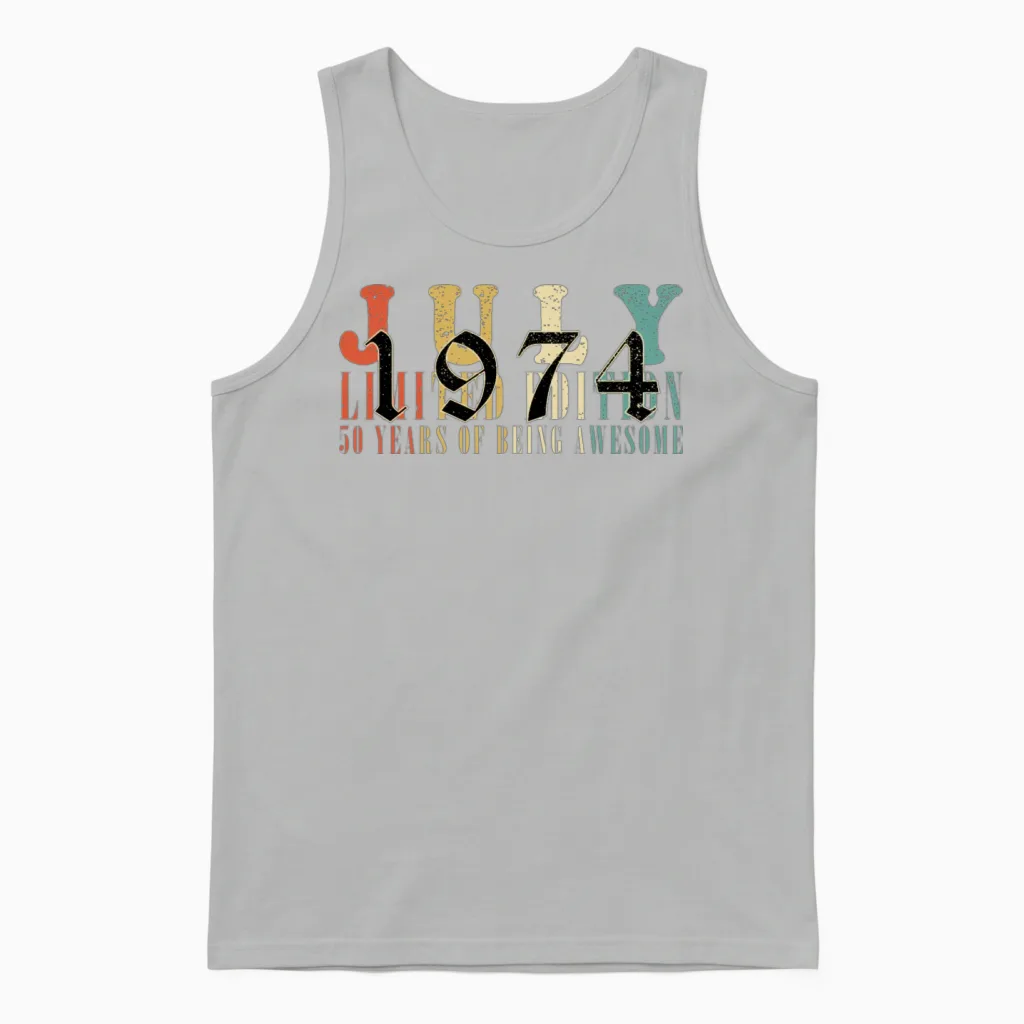July 1974 Vintage Birthday Present Unisex Tank Top in Ash