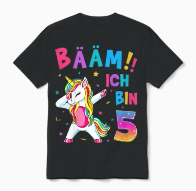 Children's 5th Birthday Girl 5 Years Old Dancing Funny Unicorn T-Shirt, Black Unisex T-Shirt - Black