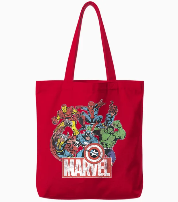 Marvel Avengers Team Retro Comic Vintage T-Shirt, Black, S Tote Bags in Red